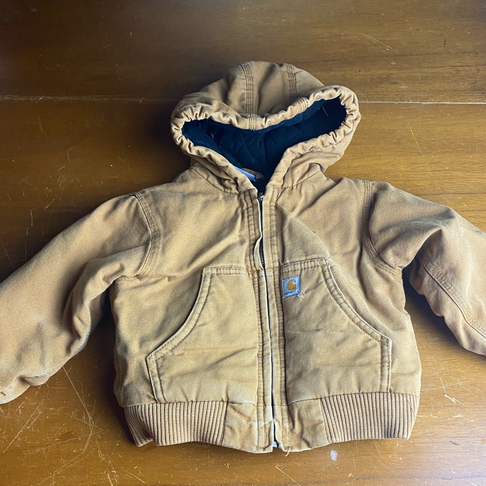 Carhartt Kids Quilted Flannel Lined Insulated Hooded Jacket Tan Sz 2T